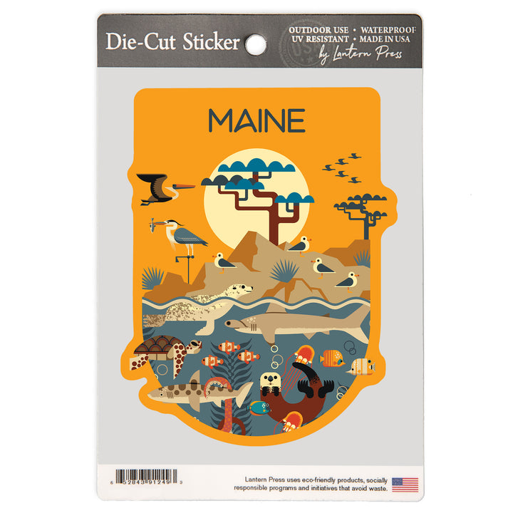 Maine Wildlife – Wilderness and Marine Life Illustration, Vinyl Sticker