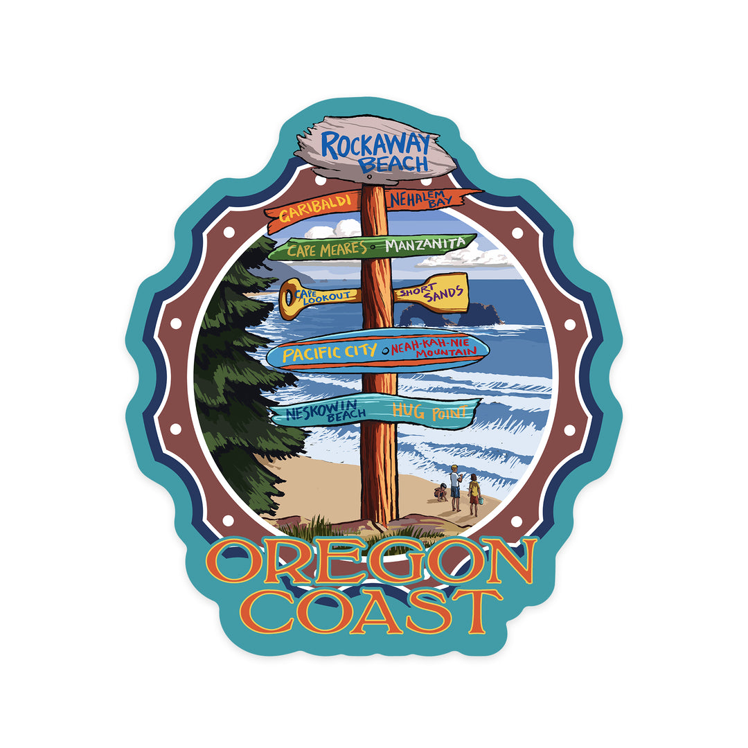 Rockaway Beach, Oregon, Destination Signpost, Contour, Vinyl Sticker