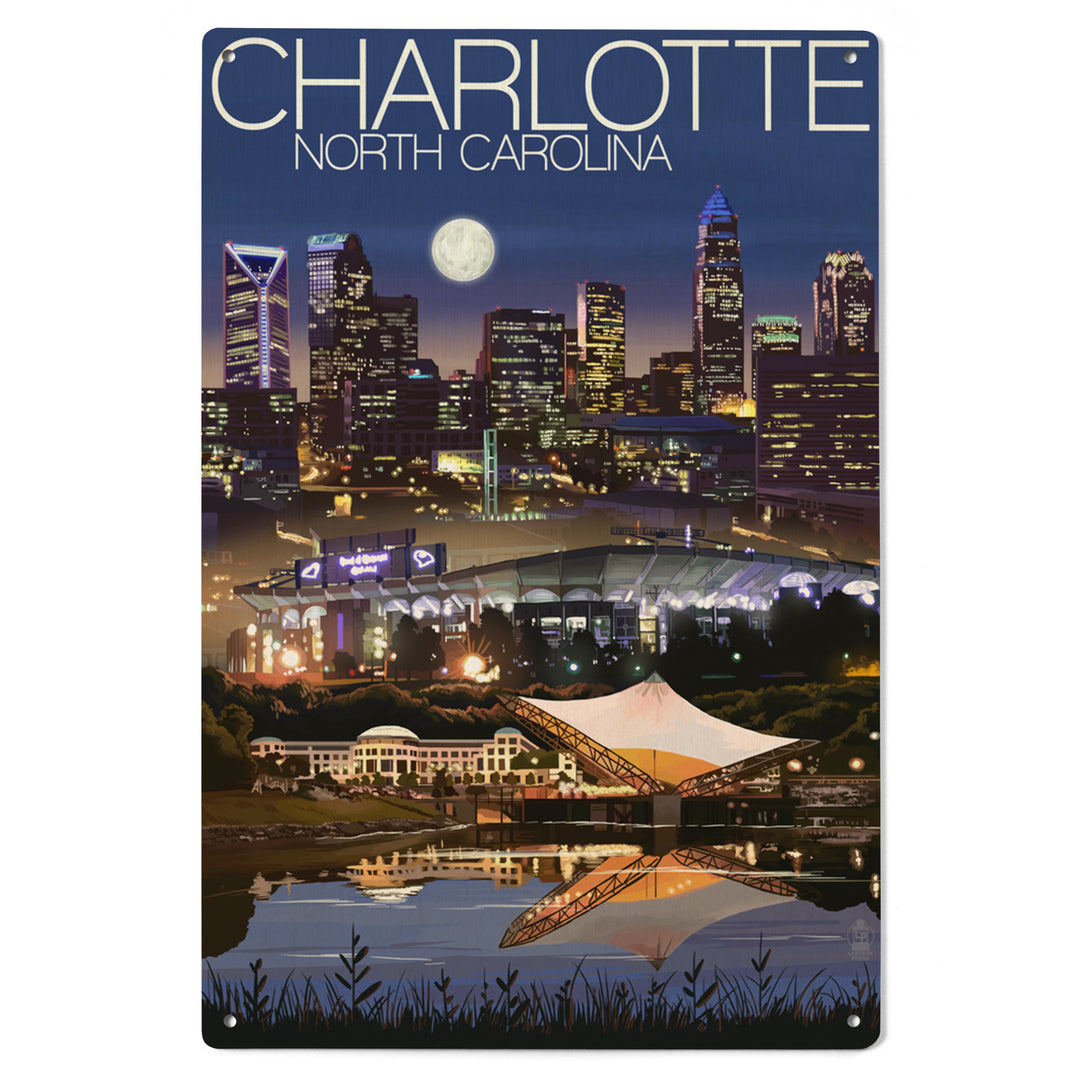 Charlotte, North Carolina, Skyline at Night, Lantern Press Artwork, Wood Signs and Postcards