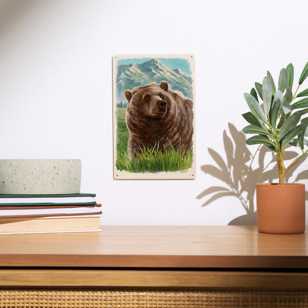 Watercolor Study, Grizzly Bear with Mountain, Wood Signs and Postcards