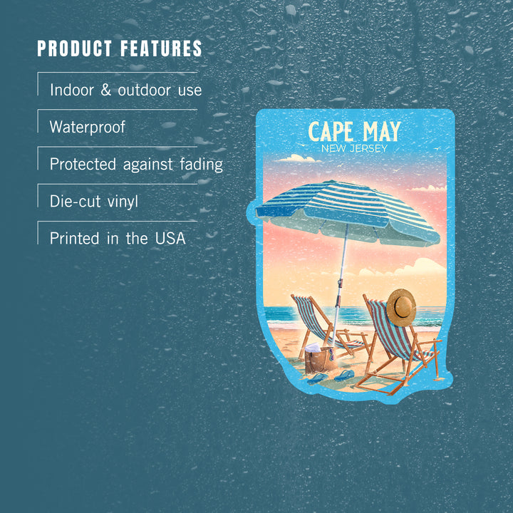 Cape May, New Jersey, Lithograph, Beach Chair and Umbrella, Contour, Vinyl Sticker