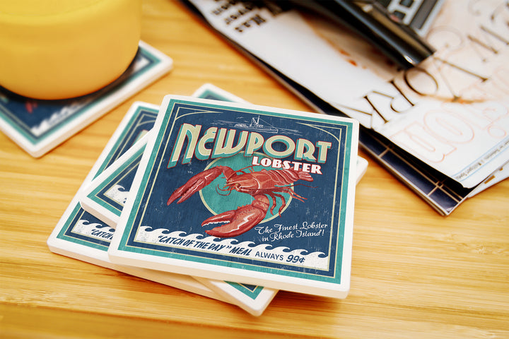Newport, Rhode Island, Lobster Vintage Sign, Coaster Set