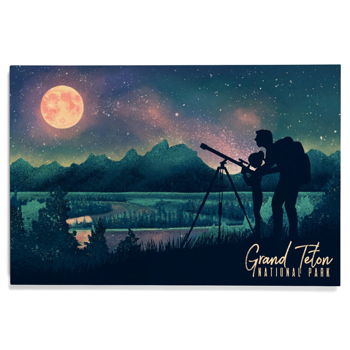 Grand Teton National Park, Wyoming, Night Sky Viewing, Textured Watercolor, Wood Signs and Postcards