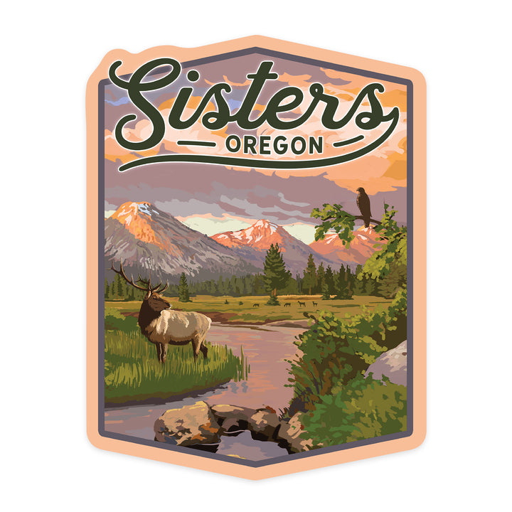 Sisters, Oregon, Elk and Mountain Stream at Sunset, Contour, Vinyl Sticker