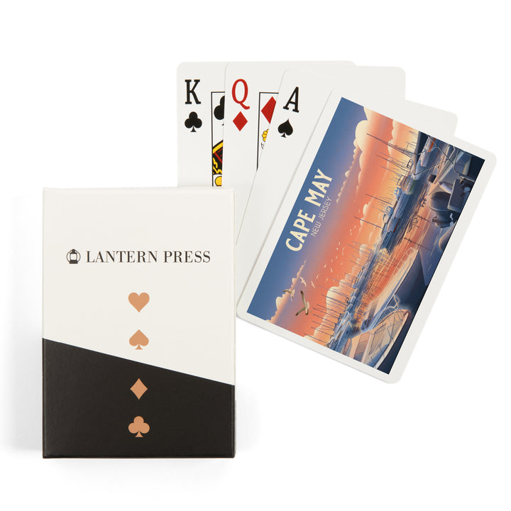 Playing Cards, Cape May, New Jersey, Lithograph, Home Sweet Harbor, Boats in Marina, 52 Card Deck with Jokers in Box, Unique Art