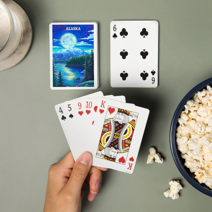 Playing Cards, Alaska, Oil Painting, Lake and Super Moon, 52 Card Deck with Jokers in Box, Unique Art
