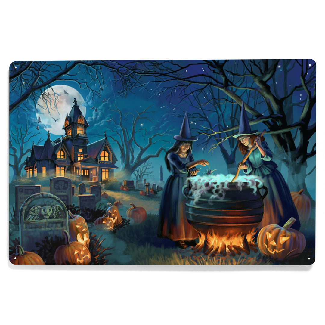 Oil Painting, Cemetery Witch's Brew, 12x18 Metal Sign