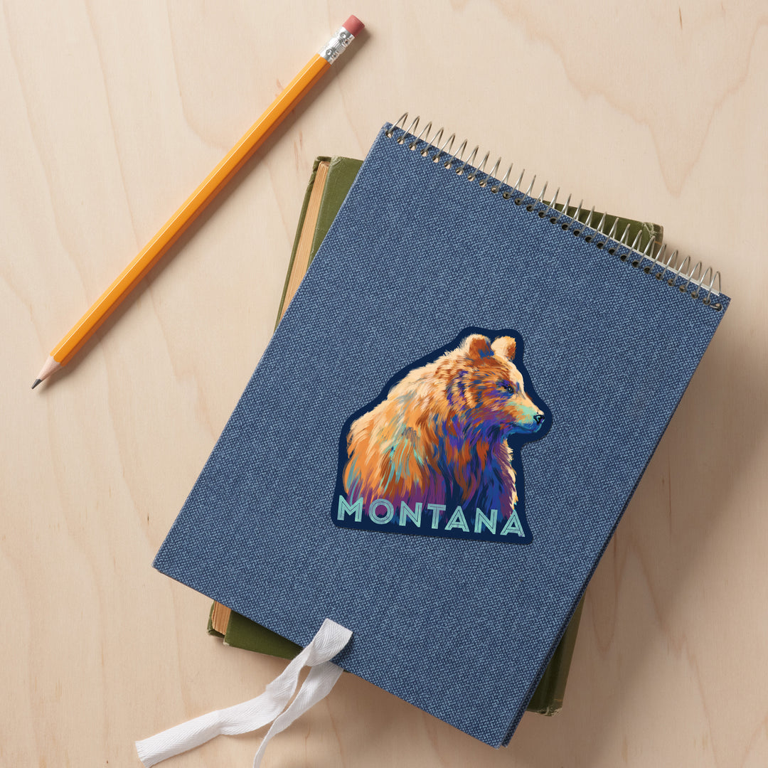 Montana, Grizzly Bear, Vivid Watercolor, Contour, Lantern Press Artwork, Vinyl Sticker