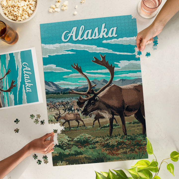 Alaska, Painterly, Caribou Herd, 1000 Piece Jigsaw Puzzle