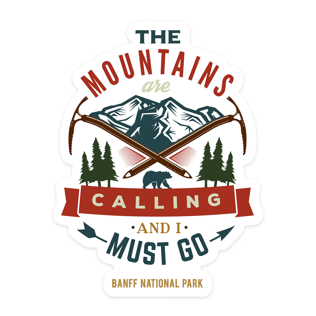 Banff National Park, Canada, The Mountains are Calling, Bear & Mountains, Contour, Lantern Press Artwork, Vinyl Sticker