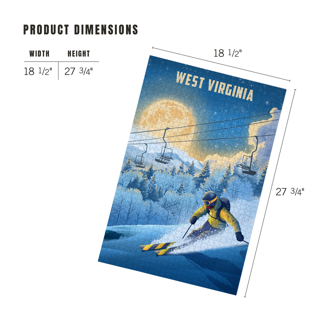 West Virginia, Lithograph, Night Ski, 1000 Piece Jigsaw Puzzle