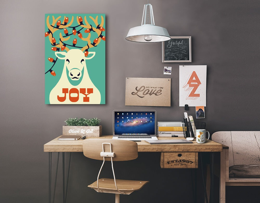 Joy, Reindeer, Retro Christmas, Lantern Press Artwork, Stretched Canvas