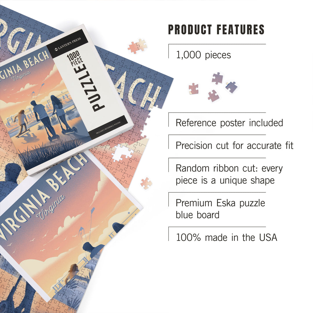 Virginia Beach, Virginia, Lithograph, Enjoy the Ride, Longboards and Scooters, 1000 Piece Jigsaw Puzzle