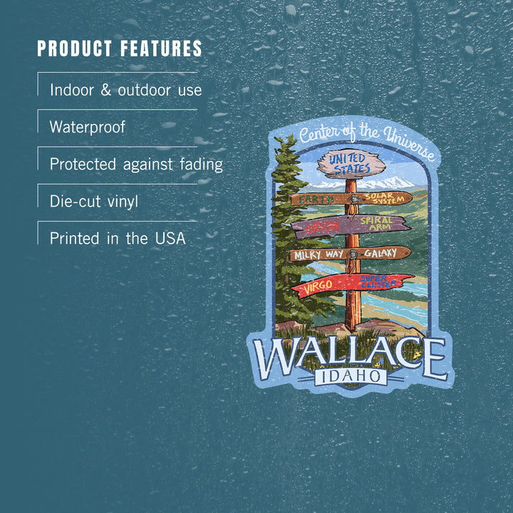 Wallace, Idaho, Destination Signpost, Center of the Universe, Contour, Lantern Press Artwork, Vinyl Sticker