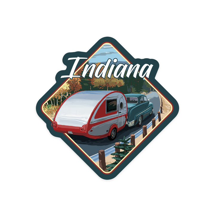 Indiana, Retro Camper on Road, Contour, Vinyl Sticker