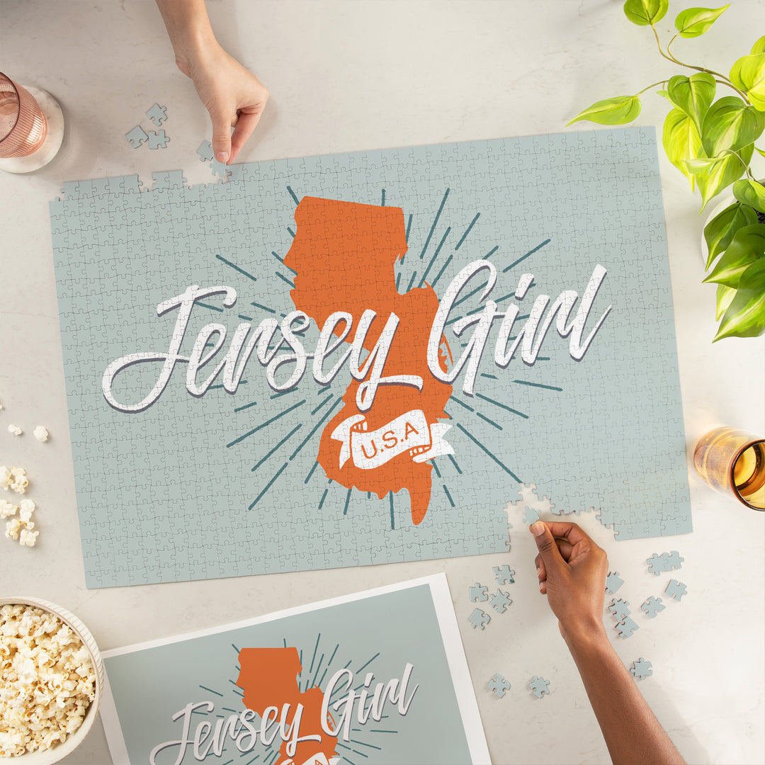 Jersey Girl, State Outline, Orange and Teal, Jigsaw Puzzle