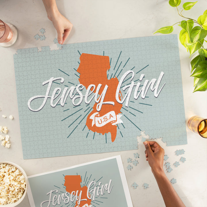 Jersey Girl, State Outline, Orange and Teal, Jigsaw Puzzle