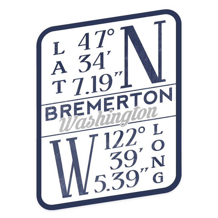 Bremerton, Washington, Latitude and Longitude (Blue), Contour, Vinyl Sticker