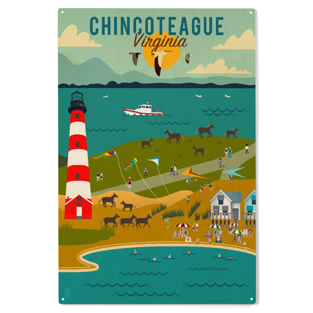 Chinconteague, Virginia, Geometric, Beach, Ocean, and Lighthouse, Wood Sign and Postcards