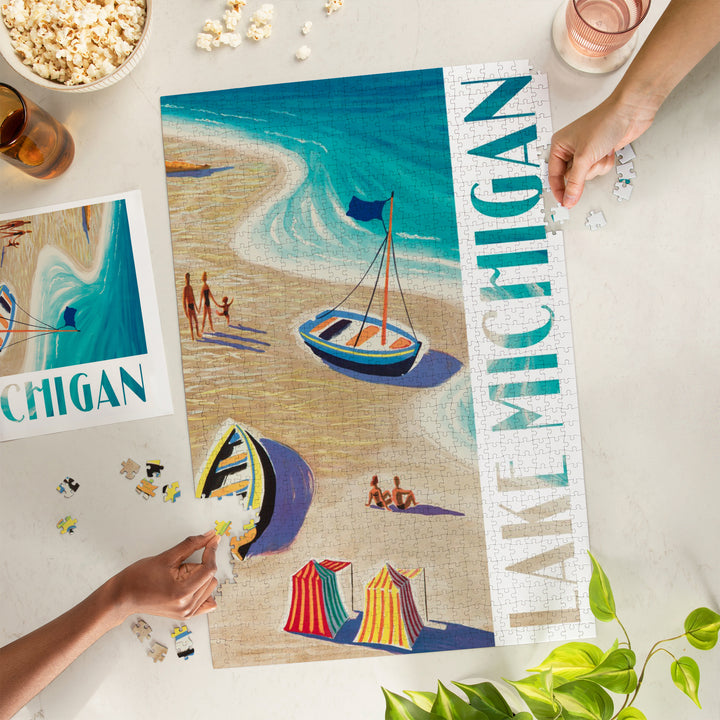 Lake Michigan, Vintage Beach Scene, Jigsaw Puzzle
