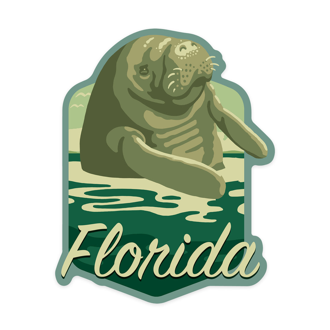 Florida, Manatee in Water, Contour, Lantern Press Artwork, Vinyl Sticker