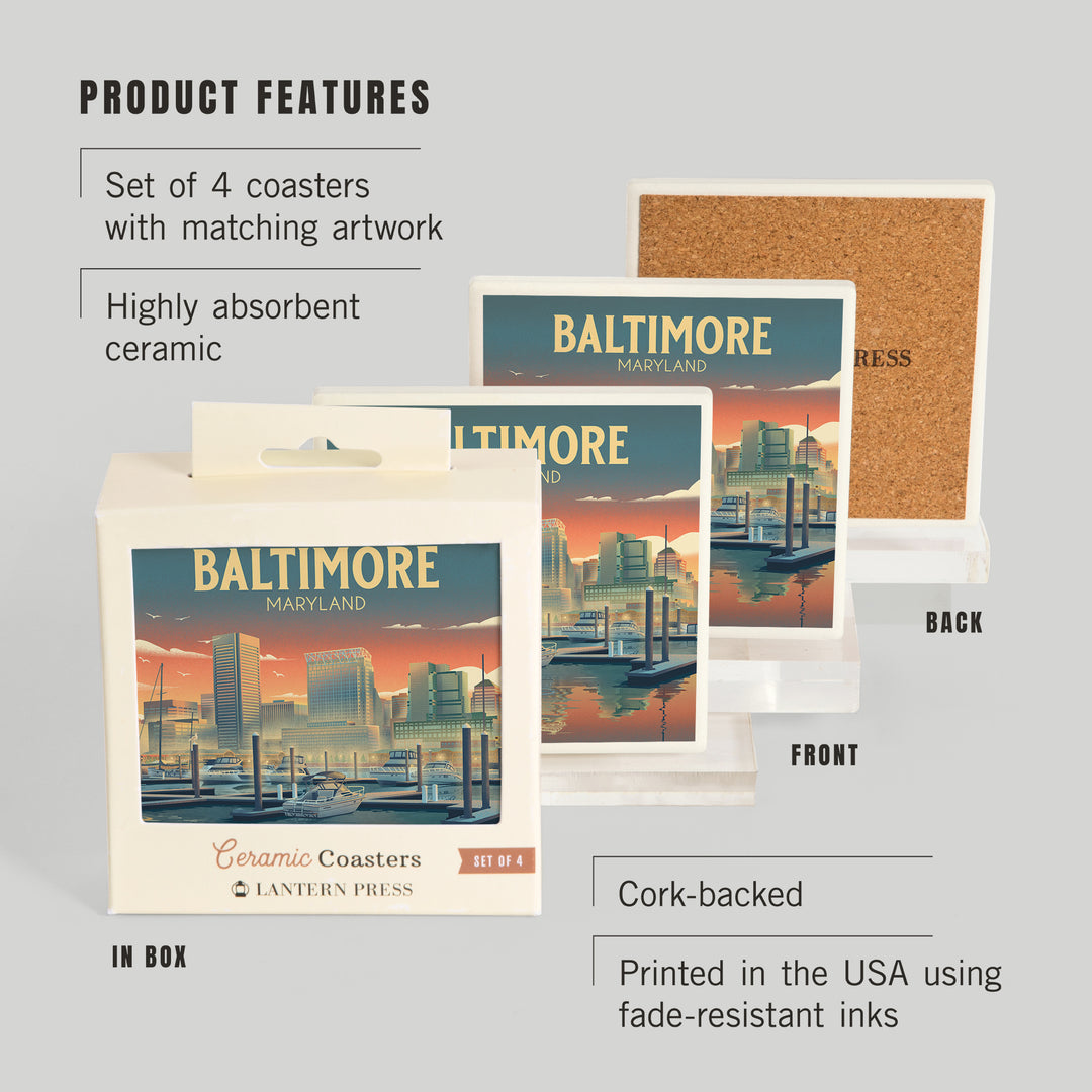 Baltimore, Maryland, Lithograph, City Series, Coasters