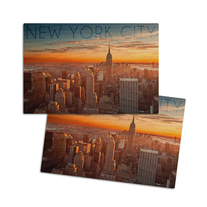 New York City, New York, Aerial Skyline at Sunset, Lantern Press Photography, Wood Signs and Postcards