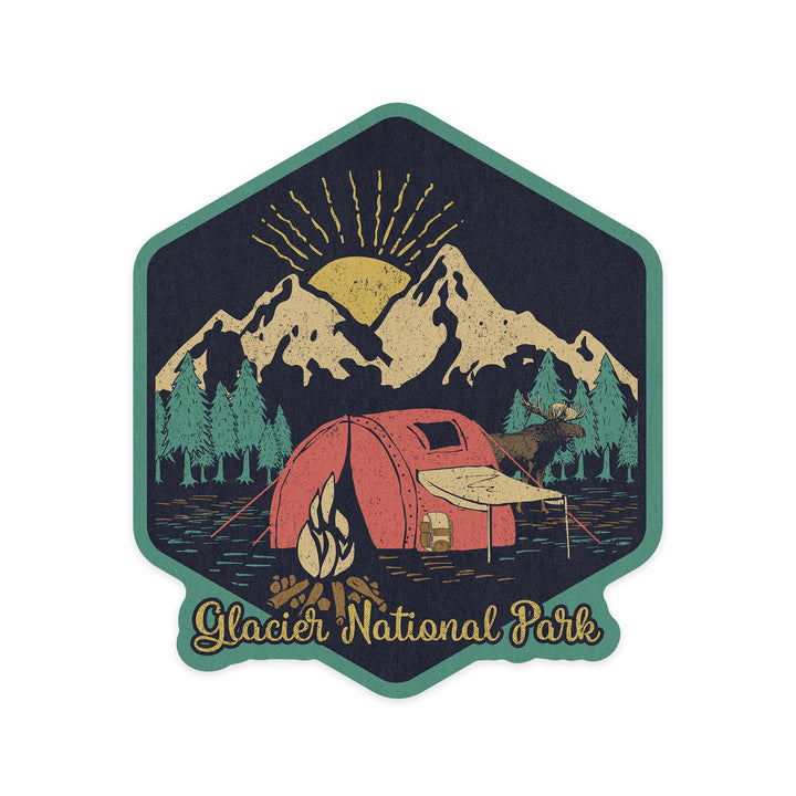 Glacier National Park, Montana, Camping Scene, Contour, Lantern Press Artwork, Vinyl Sticker