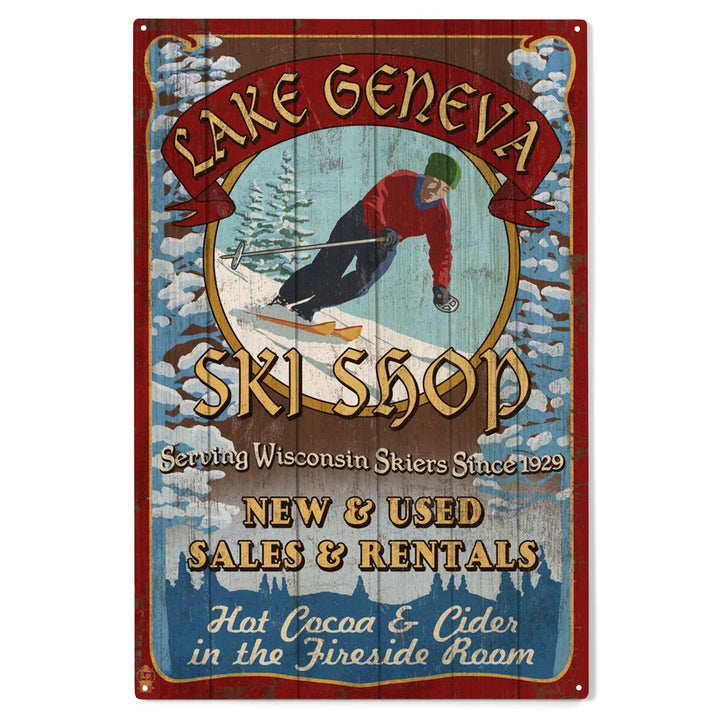 Lake Geneva, Wisconsin, Ski Shop Vintage Sign, Wood Sign and Postcards