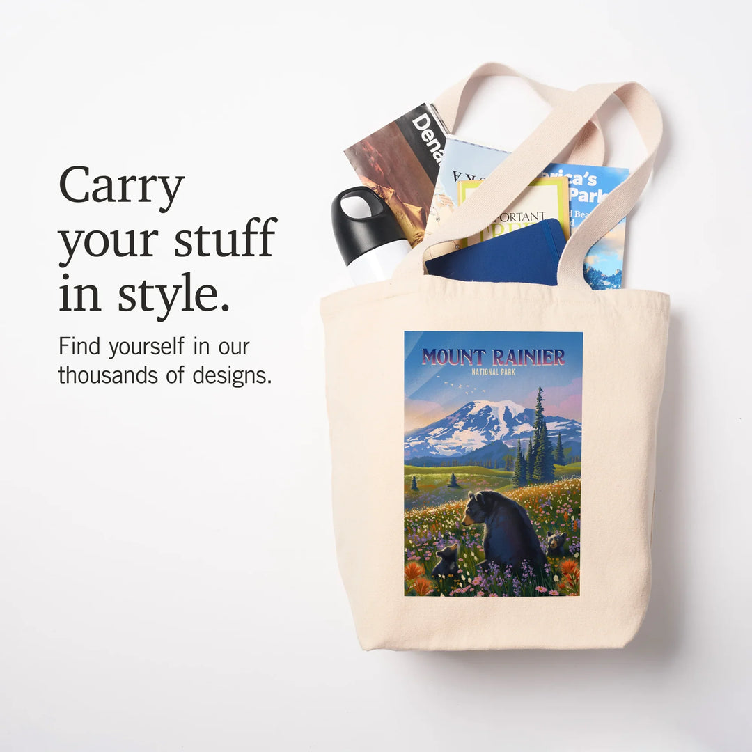Mount Rainier National Park, Washington, Painterly, Bear Family in Field, Tote Bag