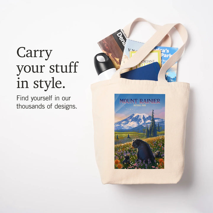 Mount Rainier National Park, Washington, Painterly, Bear Family in Field, Tote Bag