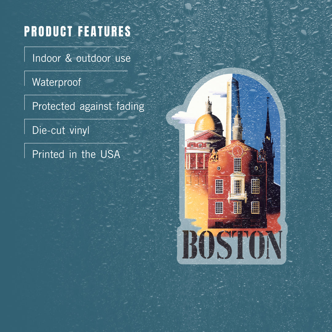 Boston, Massachusetts, Iconic Buildings, Contour, Vintage Poster, Vinyl Sticker