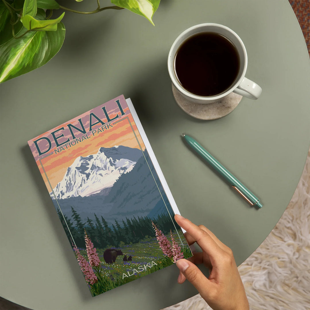 Lined 6x9 Journal, Denali National Park, Alaska, Bear and Cubs with Flowers, Lay Flat, 193 Pages, FSC paper