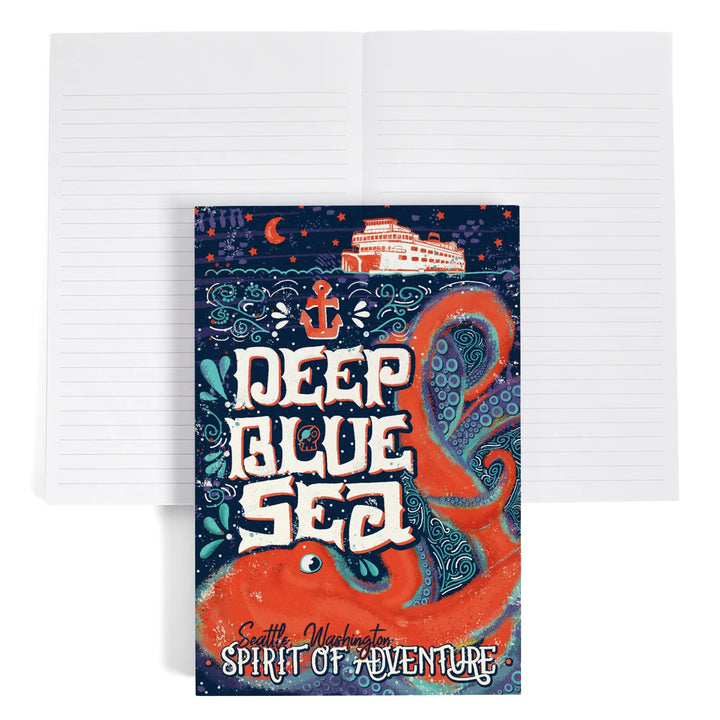 Lined 6x9 Journal, Seattle, Washington, Giant Octopus, Deep Blue Sea, Spirit Of Adventure, Lay Flat, 193 Pages, FSC paper