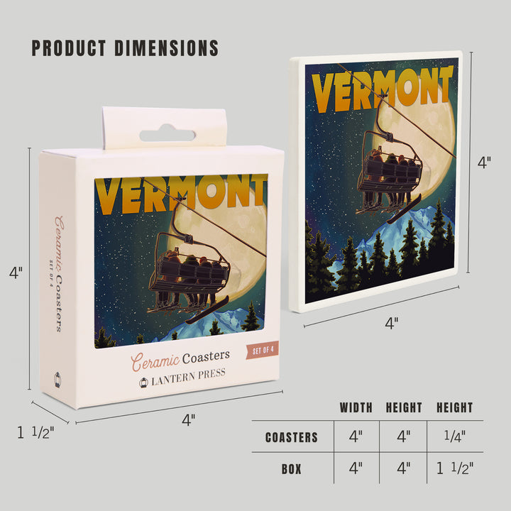 Vermont, Ski Lift & Full Moon, Lantern Press Artwork, Coaster Set