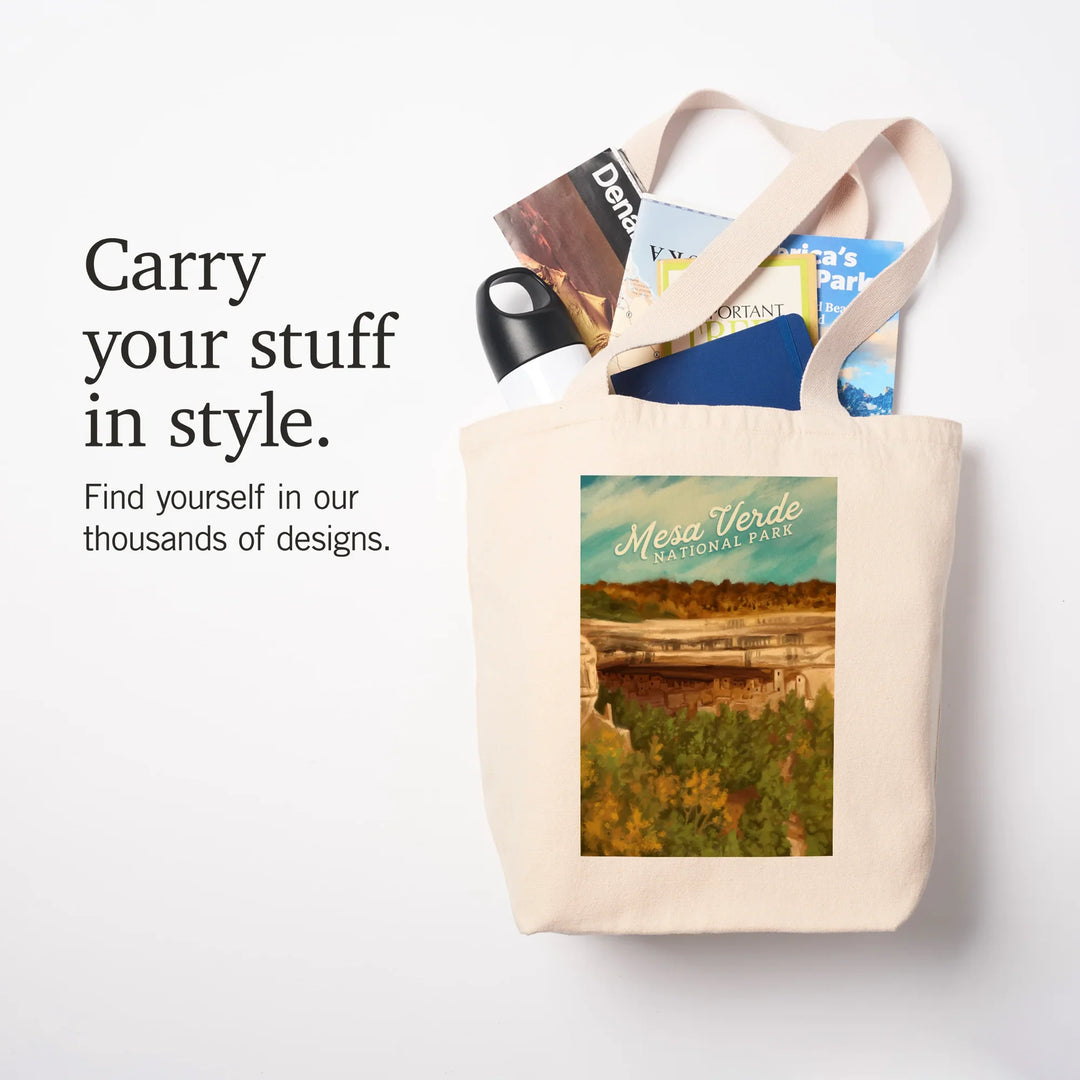 Mesa Verde National Park, Colorado, Cliff Palace, Oil Painting, Tote Bag