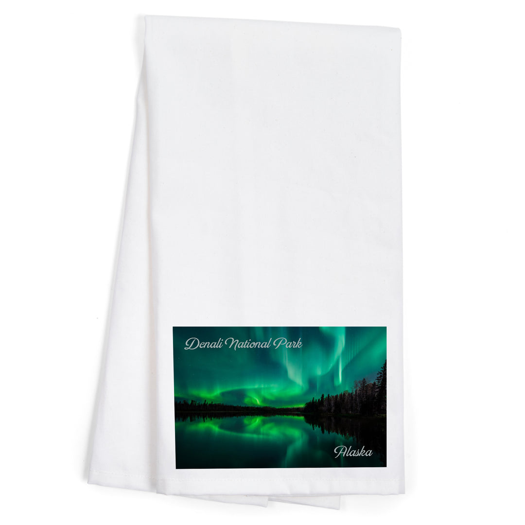 Denali National Park, Alaska, Northern Lights over Lake, Organic Cotton Kitchen Tea Towels