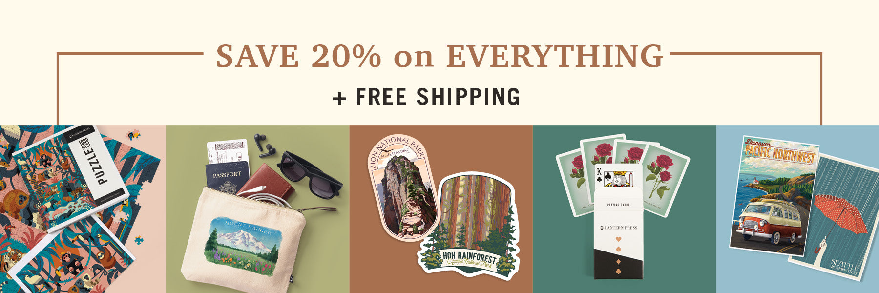 Promotional banner with text 'Save 20% on EVERYTHING + Free Shipping' and various product images.