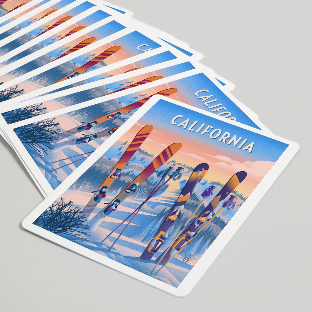 Playing Cards, California, Prepare for Takeoff, Skis In Snowbank, 52 Card Deck with Jokers in Box, Unique Art