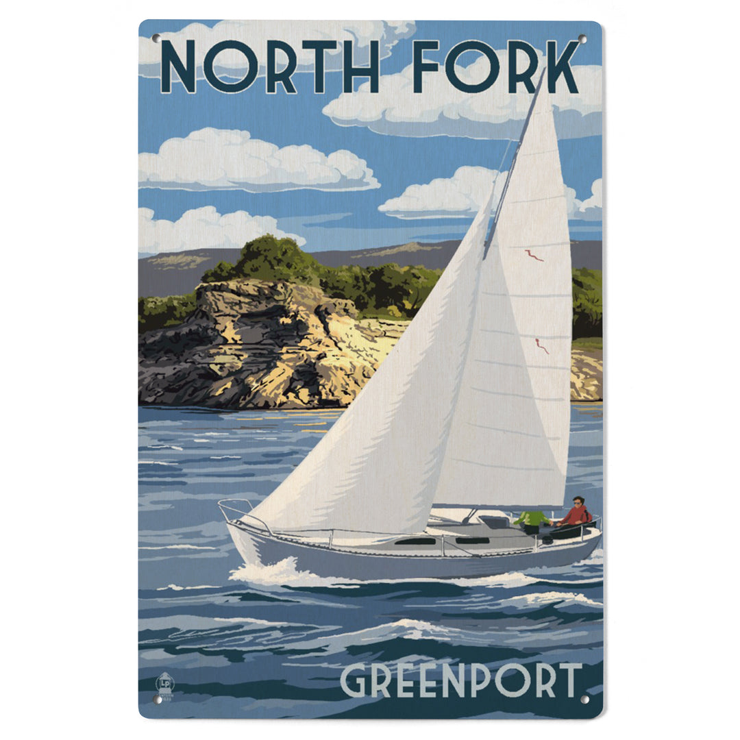 Greenport, New York, Sloop Sailboat & Lake, Lantern Press Artwork, Wood Signs and Postcards