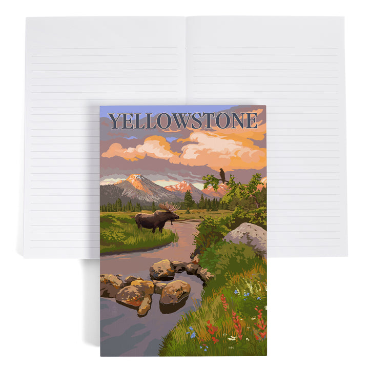Lined 6x9 Journal, Yellowstone National Park, Moose and Mountain Stream at Sunset, Lay Flat, 193 Pages, FSC paper