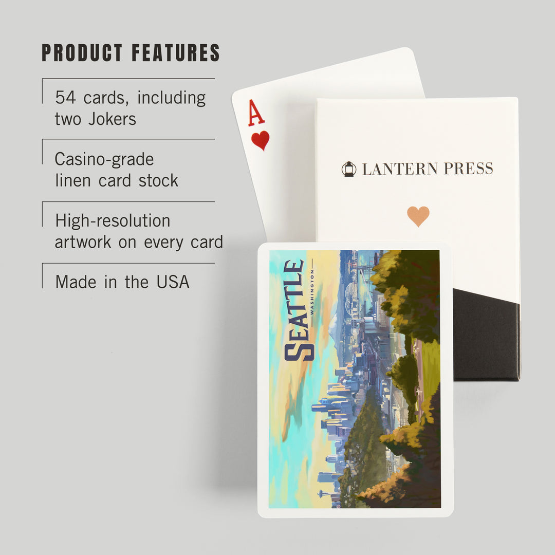 Playing Cards, Seattle, Washington, Skyline, Oil Painting, 52 Card Deck with Jokers in Box, Unique Art