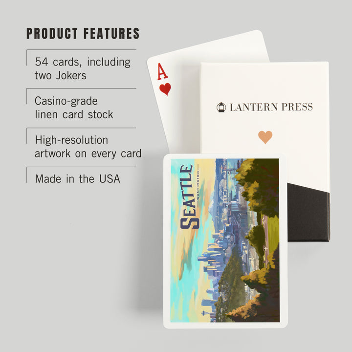 Playing Cards, Seattle, Washington, Skyline, Oil Painting, 52 Card Deck with Jokers in Box, Unique Art