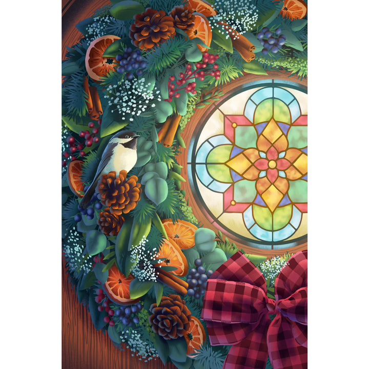 Christmas Wreath and Stained Glass Window, Stretched Canvas