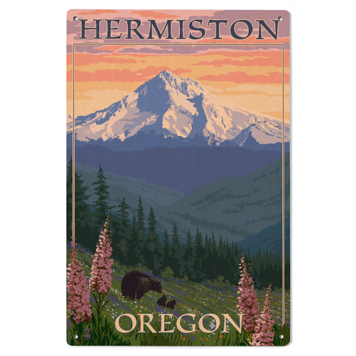 Hermiston, Oregon, Bear Family & Spring Flowers, Lantern Press Artwork, Wood Signs and Postcards