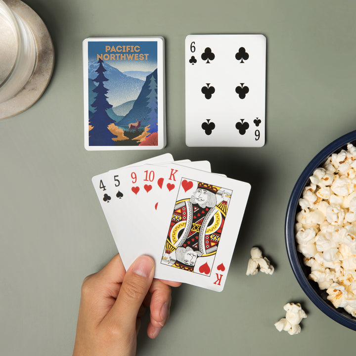 Playing Cards, Pacific Northwest, Lithograph, Elk and Mountains Scene, 52 Card Deck with Jokers in Box, Unique Art