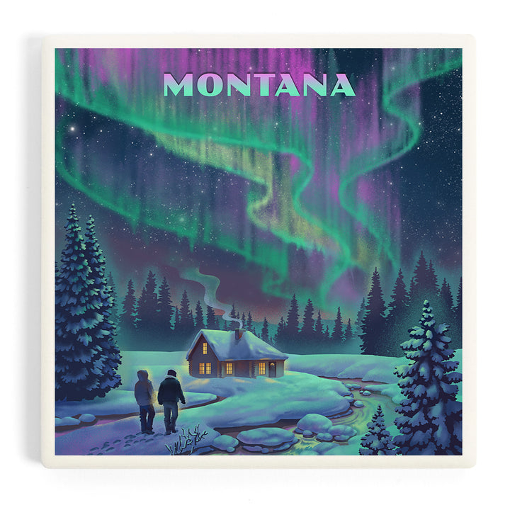 Montana, Litho, Northern Lights and Cabin, Coasters