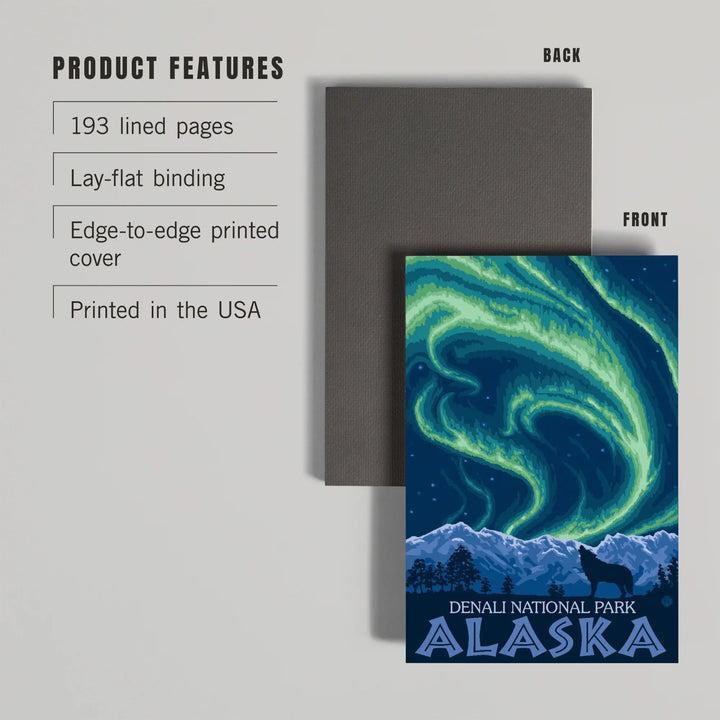 Lined 6x9 Journal, Denali National Park, Alaska, Northern Lights, Lay Flat, 193 Pages, FSC paper