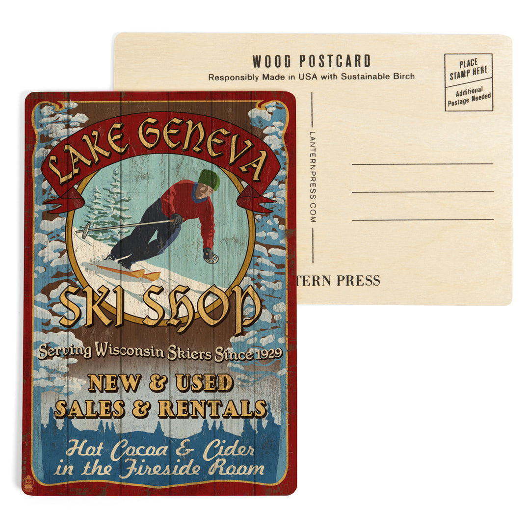 Lake Geneva, Wisconsin, Ski Shop Vintage Sign, Wood Sign and Postcards