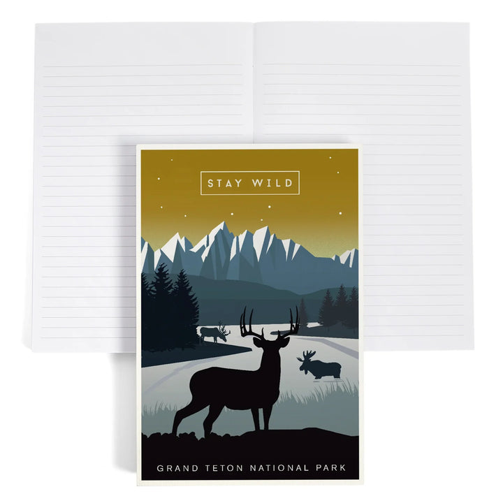Lined 6x9 Journal, Grand Teton National Park, Wyoming, Animal Silhouettes, Yellow and Blue, Lay Flat, 193 Pages, FSC paper